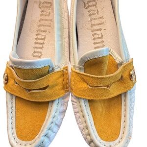 Vintage John Galliano Yellow Suede, Blue and White Leather Loafers AUTHENTIC